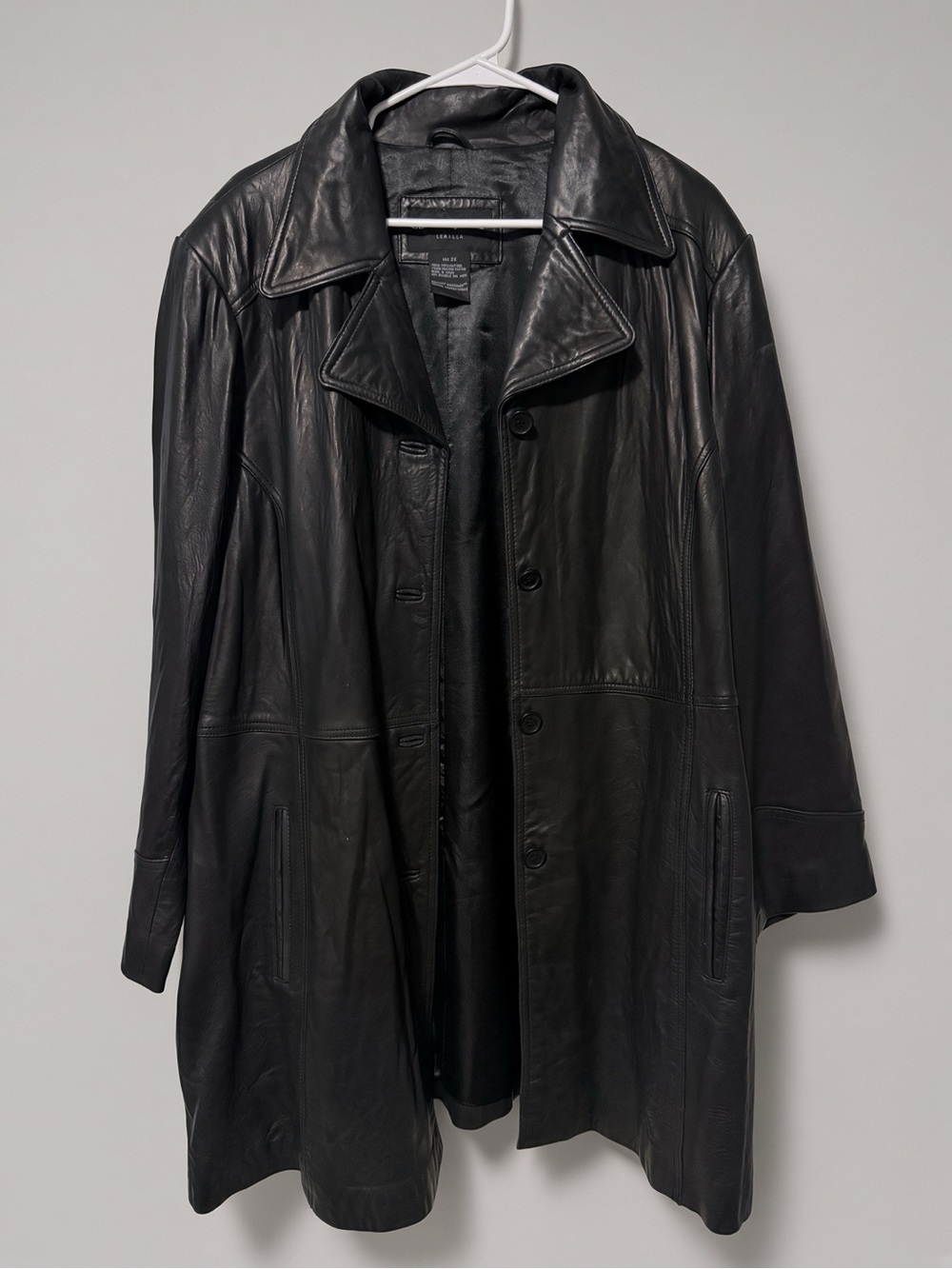 Y2K Centigrade Black 100% Leather Coat 2X Mid Length Button Front